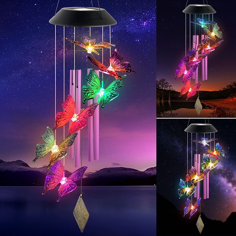 1 Pc Outdoor Solar Purple Butterfly Wind Chime Light Seven Color Radiant Light Courtyard Garden Balcony Terrace Decorative Light Landscape Light Festival Gift