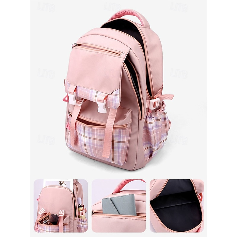 Girls' Large Capacity Plaid Backpack with Pom Pom Charm – Waterproof Nylon School Bag for Teens, Travel and College Use Black Pink Blue2