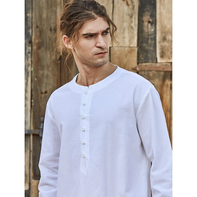 Retro Vintage Medieval Renaissance Shirt Pirate Viking Solid Color Round Neck Fancy Dress Men's Viking Pirate Halloween Carnival Party LARP Ren Faire Adults' Shirt Spring & Summer2