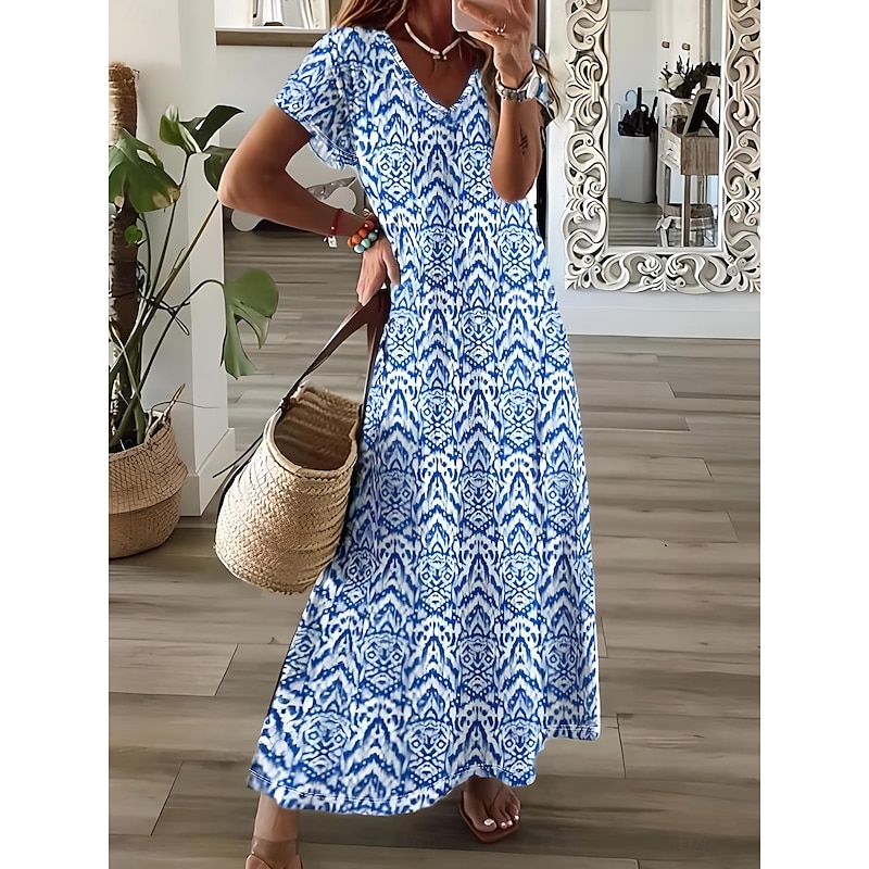 Women's Maxi Dress Sundress A Line Dress Vacation Casual Boho Going out Beach Loose Fit Floral Graphic Geometric Short Sleeve V Neck Light Brown Blue Sky Blue Grey Summer Spring