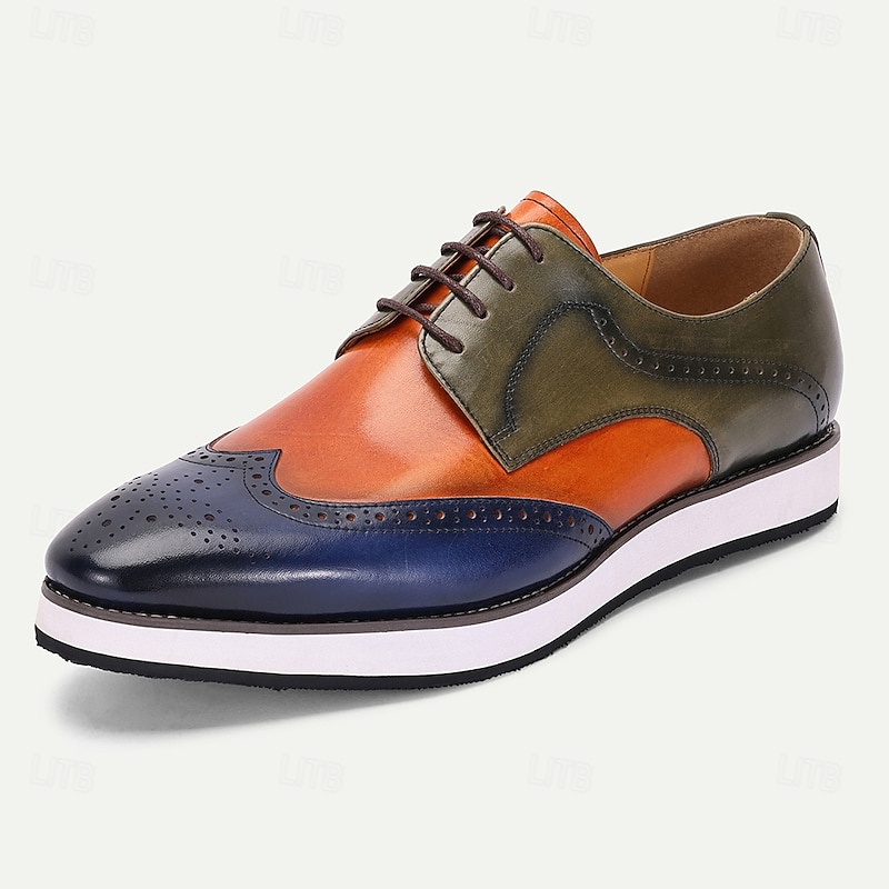 Men's Two-Tone Leather Derby Shoes – Stylish Orange and Blue Dress Shoes for Prom and Social Gatherings2