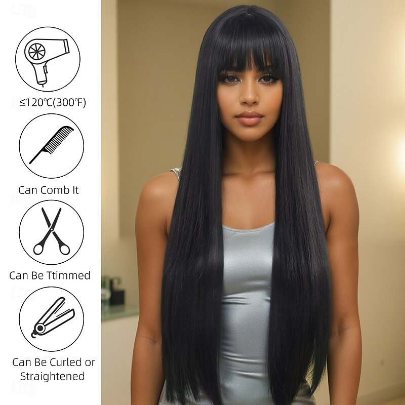 Synthetic Wig kinky Straight Natural Straight Layered Haircut Neat Bang Machine Made Wig 32 inches A1 Synthetic Hair Women's Creative Classic Comfortable Black Brown3