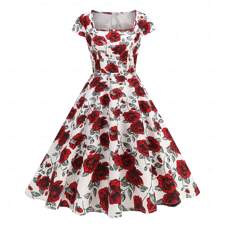 Retro Vintage 1950s Rockabilly Midi Cocktail Dress Flare Dress Floral Square Neck Fancy Dress Women's Masquerade Vacation Homecoming Party & Evening Adults' Dress Summer