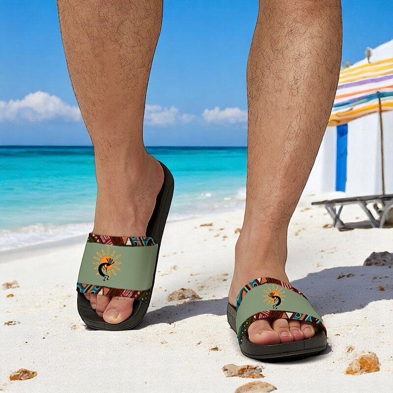 Men's Ethnic Print Non-Slip Pool Slides – Lightweight Summer Slippers with Tribal Kokopelli Design for Beach and Poolside