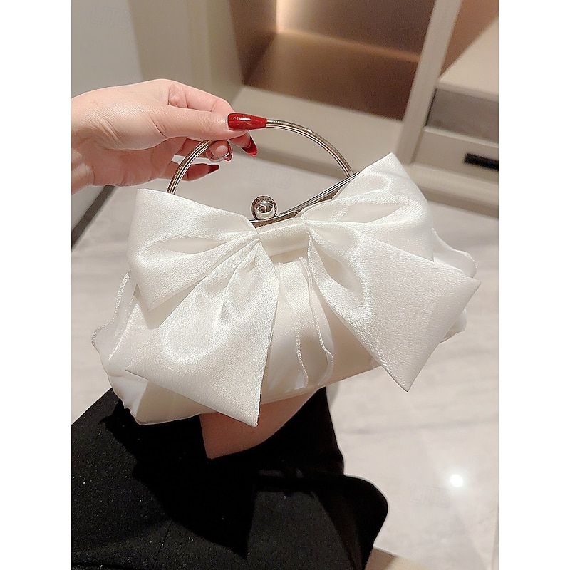 Women's Satin Bow Evening Clutch Bag – Elegant Pearl Frame Handle Purse for Brides, Weddings, Cocktail Parties and Formal Events Silver Black White2
