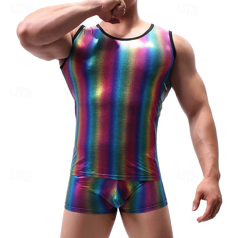 Retro Vintage 1980s Tank Top Singlet Disco Shiny Latex Patent Metallic Rainbow Fancy Dress Men's Halloween Carnival Pride Parade Pride Month Adults' Vest All Seasons4