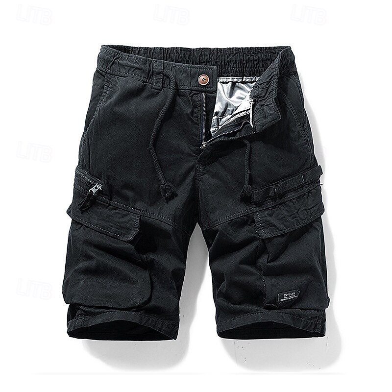 Men's Cargo Shorts Shorts Summer Shorts Drawstring Elastic Waist Multi Pocket Plain Comfort Wearable Knee Length Outdoor Sport Daily Fashion Casual Black Khaki2