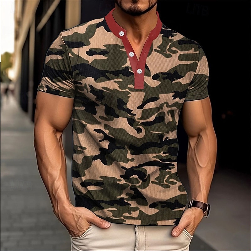 Men's T Shirt Henley Shirt Tee Short Sleeve Shirt Short Sleeve Crewneck Summer Camo / Camouflage Fashion Designer Basic Graphic Vacation Street Going out Dark Green Light Grey Military Green Top Tee
