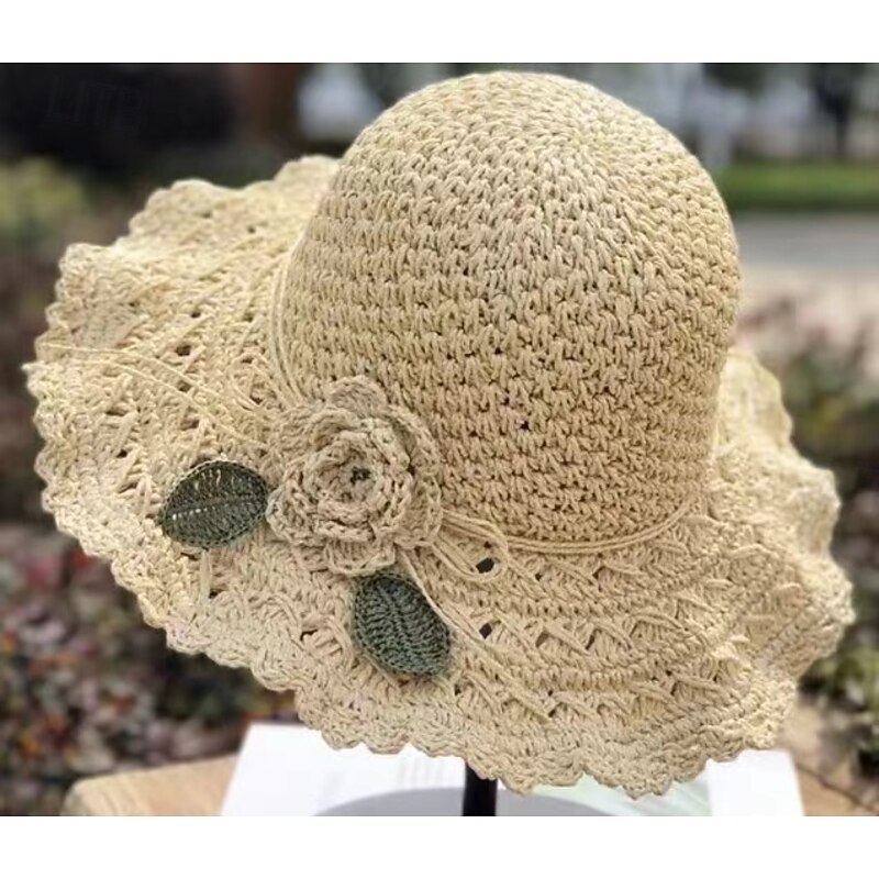 Summer Elegant Crochet Straw Hat with Ruffle One Size Sunshade
