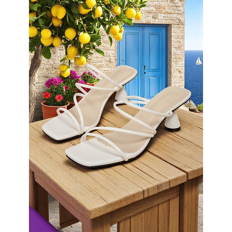 Women's White Strappy Square Toe Cone Heel Sandals – Minimalist Summer Mules for Casual Dates & Day Outings2