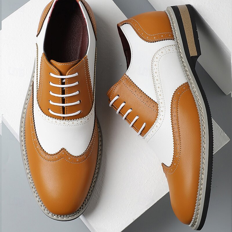 Men's White and Tan Faux Leather Brogue Shoes with Blue Accents – Trendy Prom Shoes for Stylish Men4
