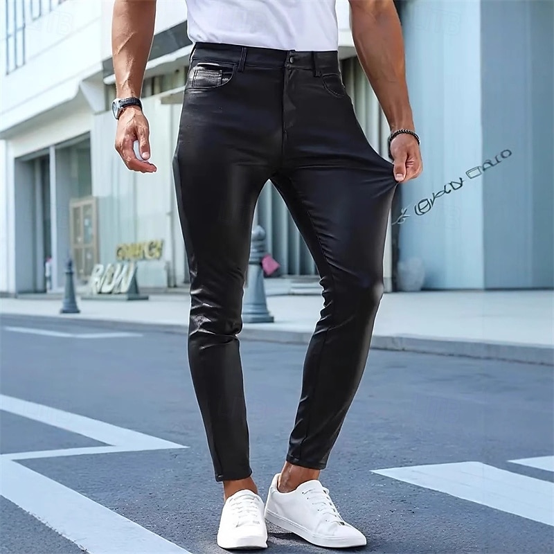 Men's Trousers Summer Pants Faux Leather Shorts Pocket Plain Comfort Breathable Vacation Streetwear Stylish Athleisure Black2