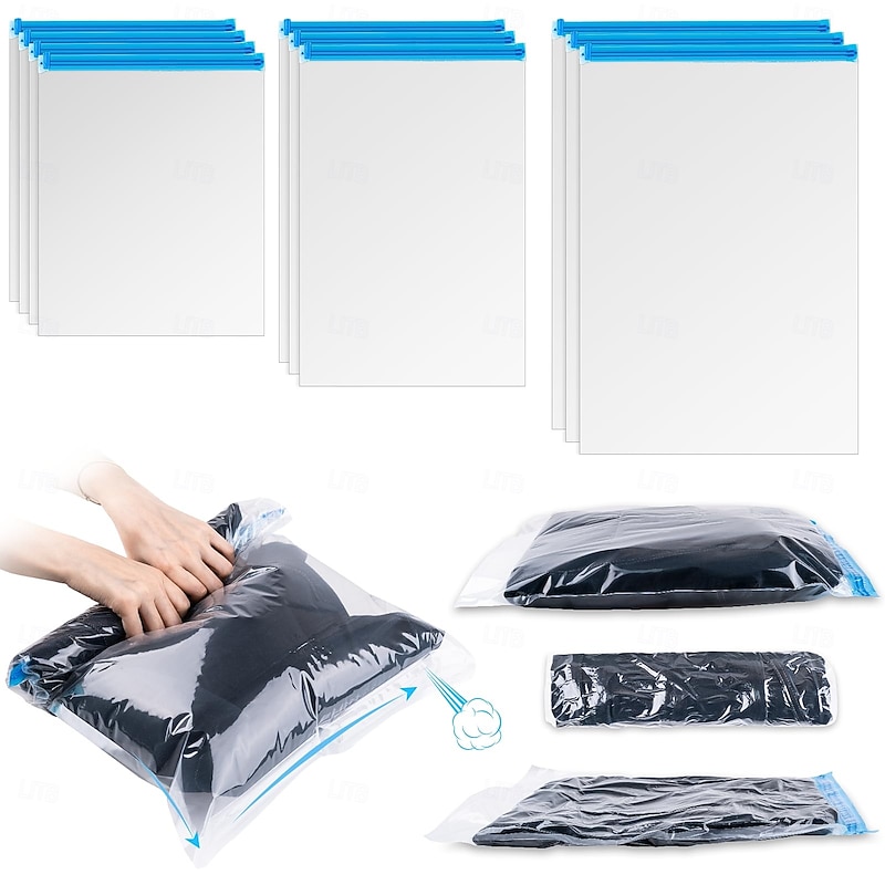 Compression Bags for Travel 10 PCS Space Saver Bags Hand Roll Vacuum Packing Bags for Travel No Vacuum Needed (3 Large 3 Medium 4 Small) Clothing Luggage Home Organizers Storage Bags