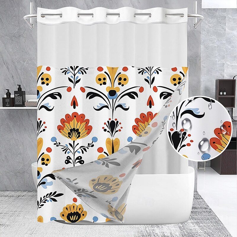 Flower Waffle-Weave Textured Shower Curtain Set with Snap-in Liner Sheer Window Water-Repellent Polyester Blend Fabric,Grommet Top,120GSM Hotel Quality Spa Style Bathroom Partition No Hooks Required
