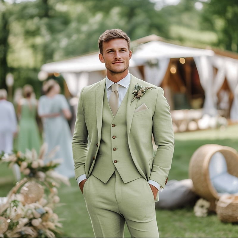 Men's Wedding Linen Suits Notch Lapel Sky Blue Sage Fashion Formal Solid Colored Standard Fit 3 Piece Single Breasted Two-buttons2