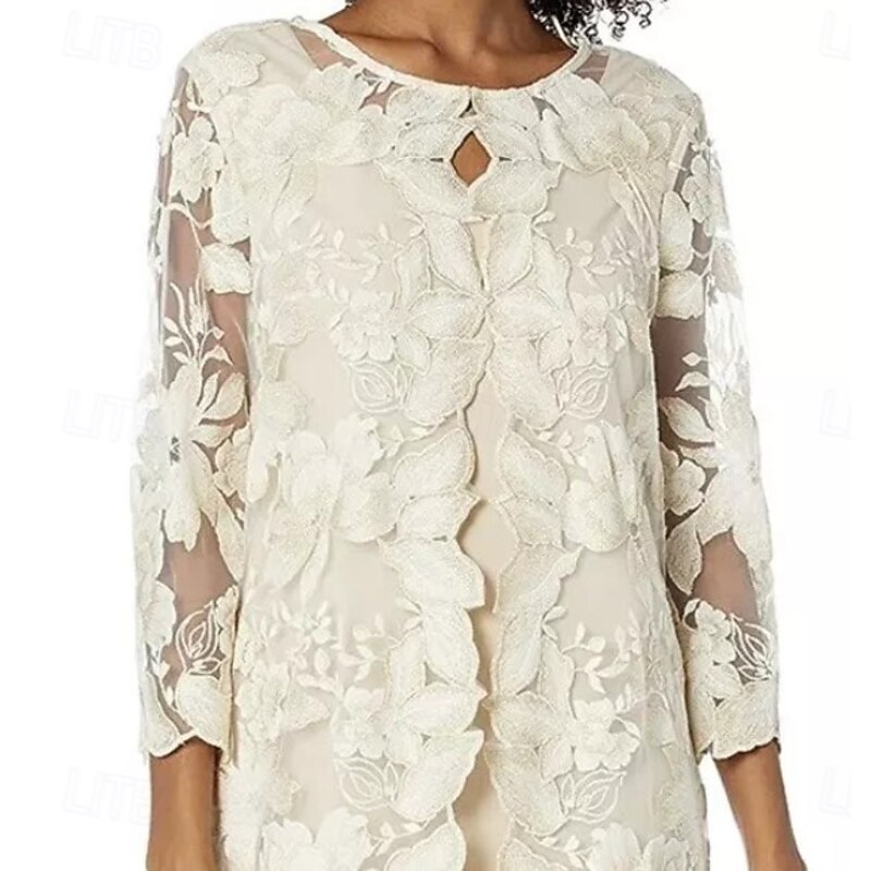 Two Piece Sheath / Column Mother of the Bride Dress Elegant Vintage Simple Crew Neck Tea Length Lace 3/4 Length Sleeve with Floral Embroidered Lace Applique2