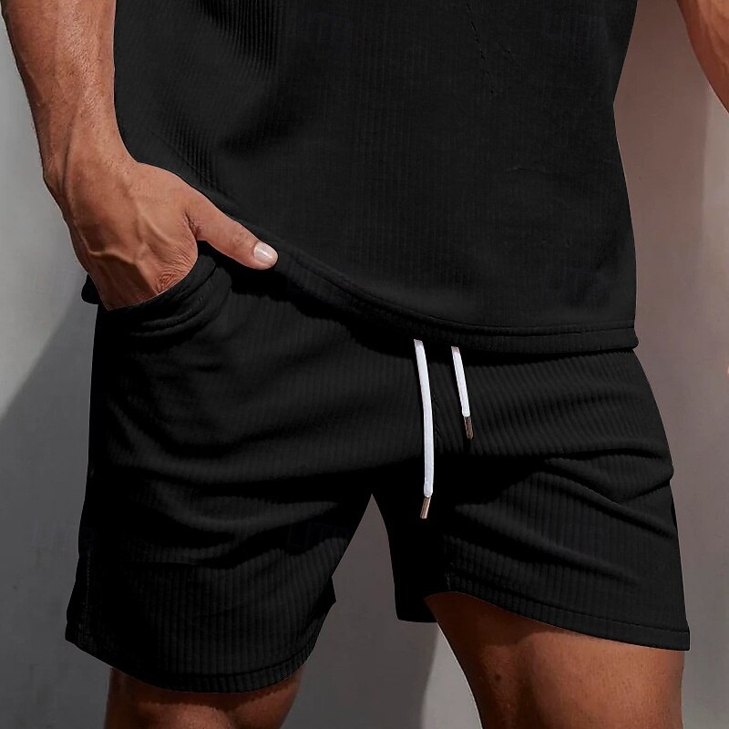 Men's Shorts Beach Shorts Running Shorts Casual Shorts Corduroy Shorts Pocket Drawstring Elastic Waist Plain Comfort Breathable Knee Length Sports Outdoor Daily Holiday Vacation Classic Style Black2