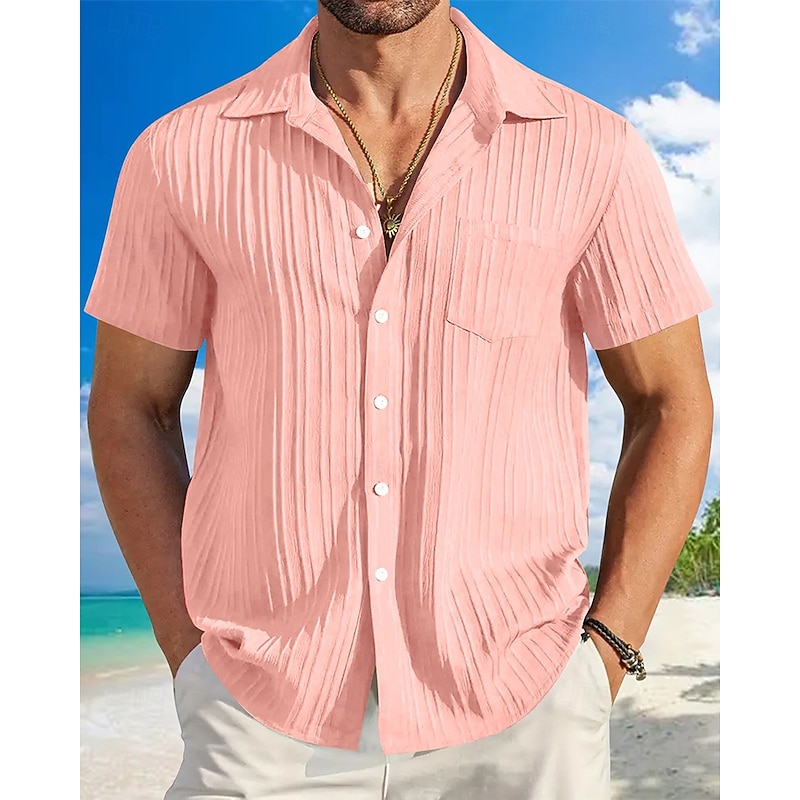 Men's Shirt Summer Shirt Casual Shirt Beach Shirt Button Up Shirt Light Pink Black White Red Royal Blue Short Sleeve Plain Lapel Vacation Hawaiian Clothing Apparel Polyester Fashion Casual Comfortable