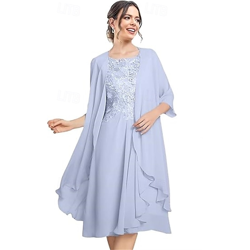 Beach Wedding Two Piece A-Line Mother of the Bride Dress Wedding Guest Elegant Scoop Neck Knee Length Chiffon Lace Sleeveless Jacket Dresses with Pleats Appliques3