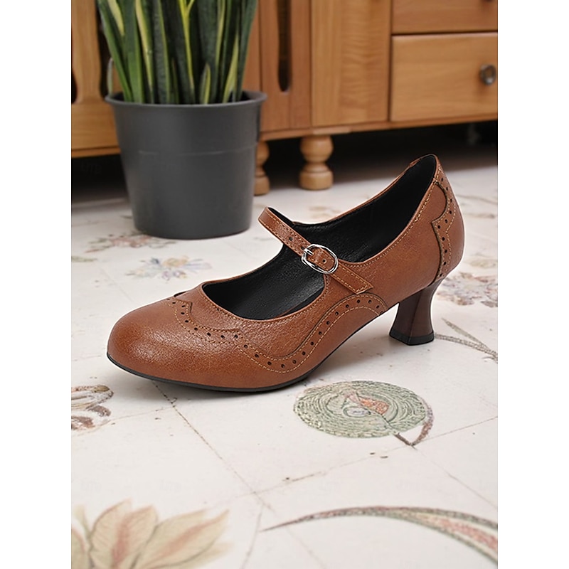 Women's Brown Mary Jane Kitten Heels with Brogue Detailing – 1950s Vintage Style Dress Shoes for Office, Retro Parties, and Daily Wear4