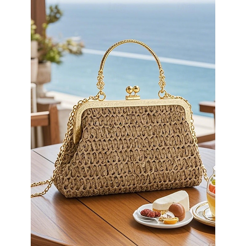 Women's Vintage Woven Straw Handbag – Elegant Kiss Lock Frame Purse with Gold Chain, Retro Style Clutch for Beach Vacations, Parties & Summer Outings
