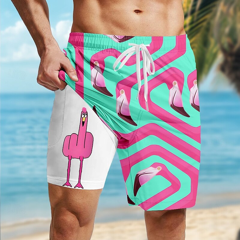 Men's Flamingo Bird Funny Lined Shorts 2 in 1 Board Shorts Swim Shorts Mid Waist Hawaiian Vacation Holiday Beach Wear Side Pockets With Compression Liner Elastic Drawstring Waist Designer Clothing