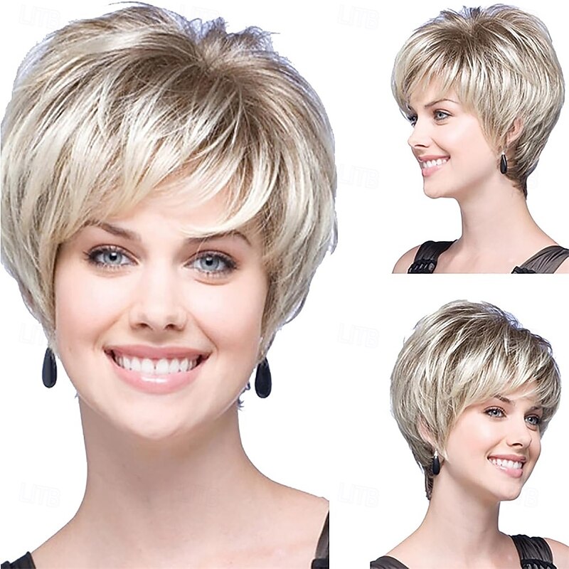 Short Blonde Wigs for Women Ladies Pixie Cut Wig with Fringe Natural Synthetic Layered Hair Wig for Costume Cosplay Daily Fancy Dress Accessories Halloween Party Wigs