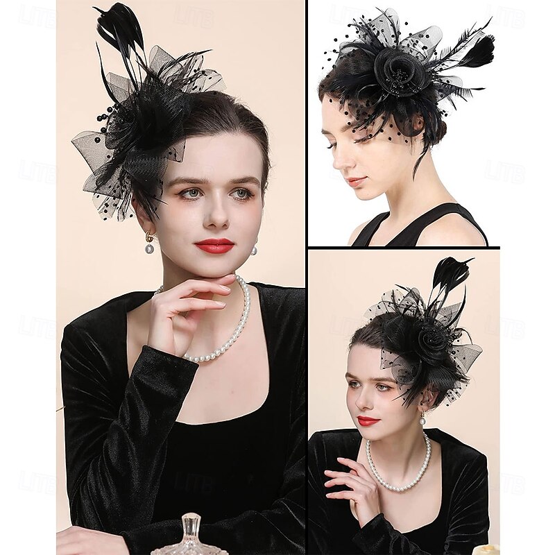 Women Fascinator Tea Party Hat 20s 50s Wedding Cocktail Flower Mesh Feathers Hair Clip for Carnival2