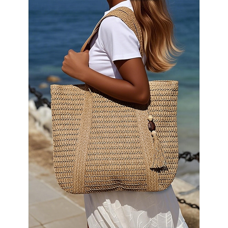 Women's Woven Straw Tote Bag with Tassel – Large Summer Beach Handbag for Vacation, Travel and Casual Outings Color White Green Khaki2