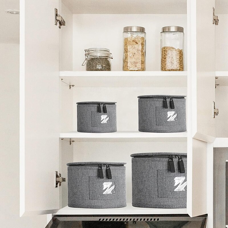 4 Pack Puricon Dinnerware Storage Containers Set, China Plate Storage Bags Protectors for Round Crockery Storage with Felt Plate Dividers -Grey4