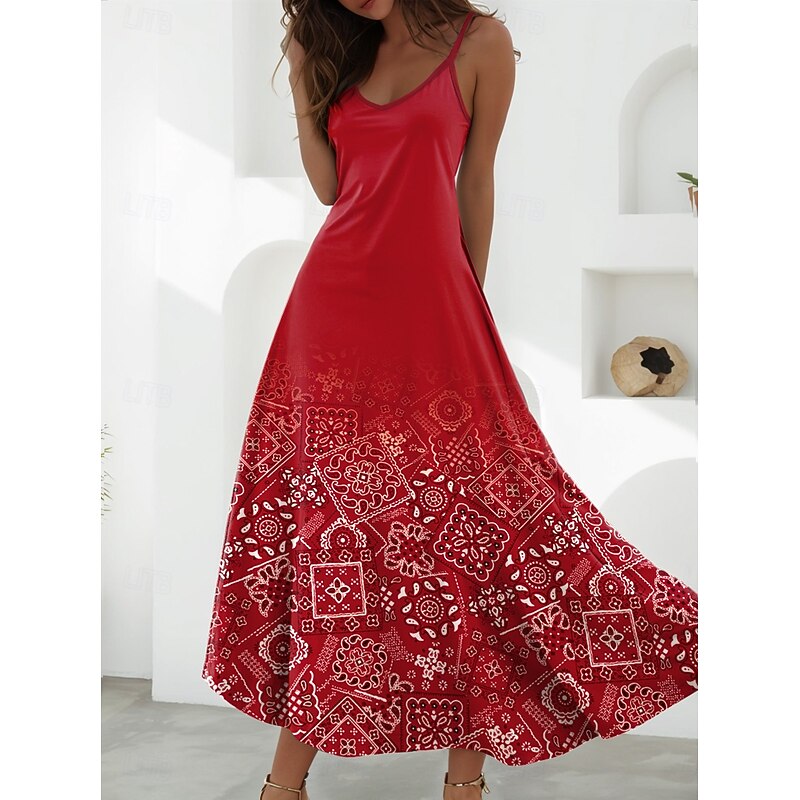 Women's Maxi Dress A Line Dress Slip Dress Vacation Casual Beach Going out Beach Regular Fit Floral Graphic Sleeveless V Neck Black Green Light Green Red Blue Summer Spring4