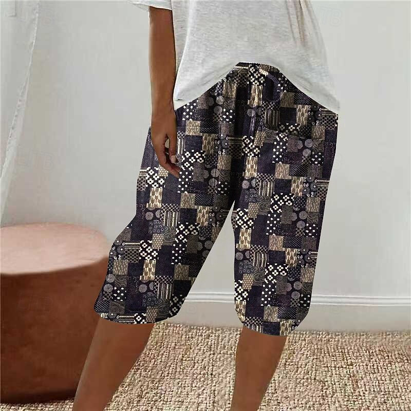 Women's Linen-Inspired Shorts Capri Pants Slacks Streetwear Casual Calf-Length Natural Flower Printing Elastic Drawstring Design Outdoor Comfortable Street Daily Wear Magenta Black Blue Khaki Summer