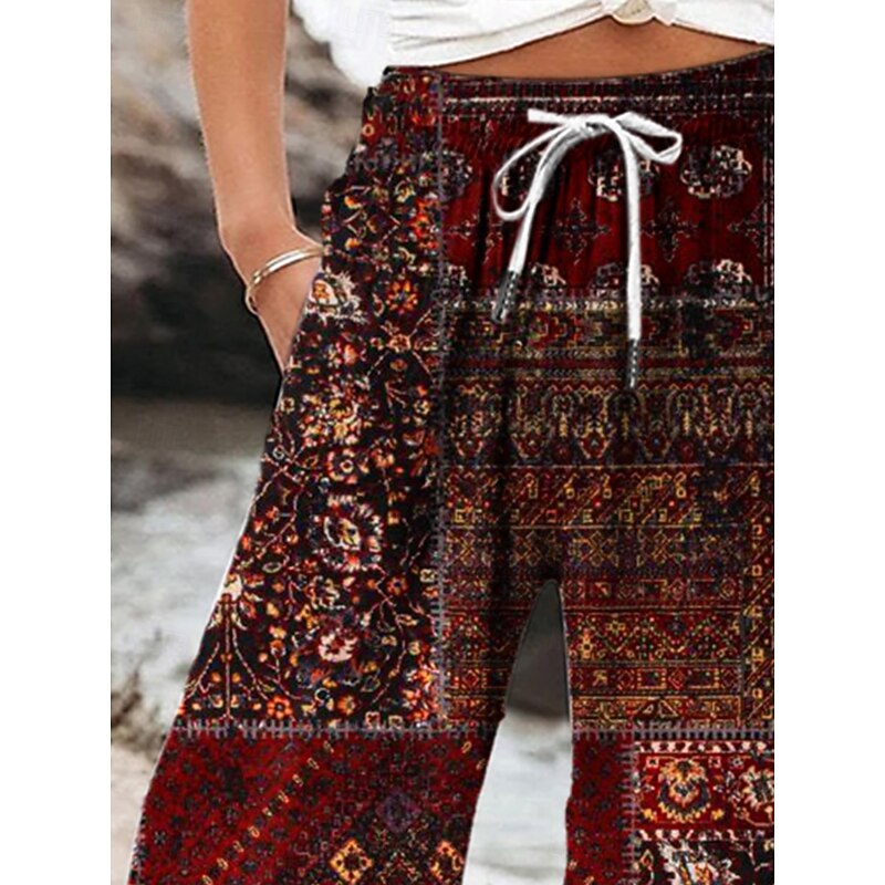 Women's Wide Leg Chinos Baggy Pants Vacation Vintage Fashion Full Length High Waist Graphic Geometric Drawstring Patchwork Printing Soft Breathable Micro-elastic Vacation Causal Casual Maroon Summer2