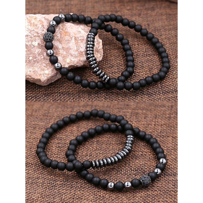 Men's Black Beaded Bracelet Set with Silver Accents - Fashionable Jewelry for Casual & Formal Occasions, Perfect for Gifts4