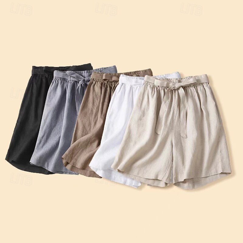 Women's Cotton Linen Shorts Shorts Slacks Casual Short Natural Plain Pocket Elastic Waist Outdoor Comfortable Vacation Holiday Apricot Black White Blue Summer Regular Fit