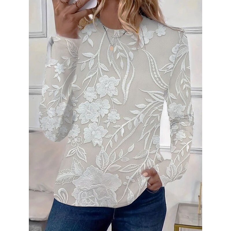 Women's T shirt Crew Neck Long Sleeve Tunic Floral Graphic Plants Elegant Casual  Round Neck Regular Tops Daily Print Pink Blue Purple Beige Spring Fall
