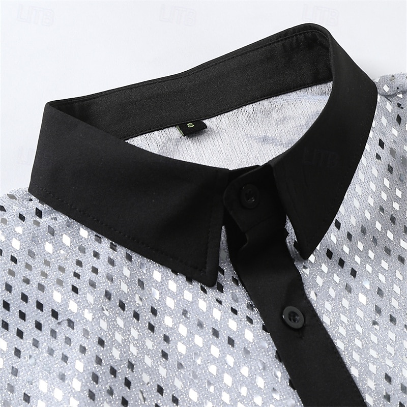 Men's Shirt Casual Shirt Button Up Shirt Prom Shirt Disco Shirt White Pink Red Long Sleeve Sequin Lapel Performance Party Evening Wear Sequins Clothing Apparel Fashion Trendy2