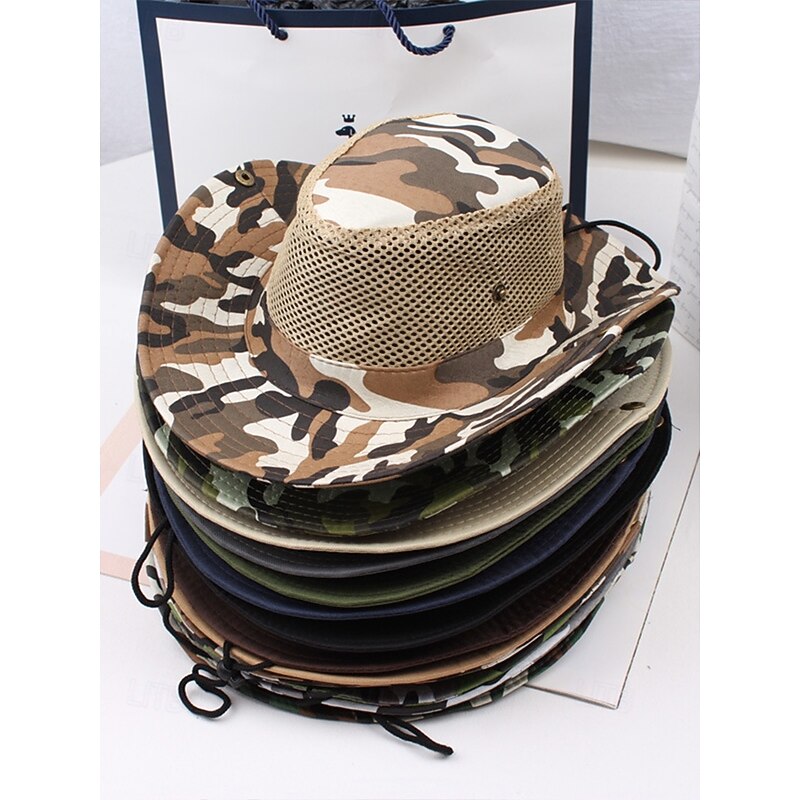 Men's Camouflage Mesh Sun Hat with Wide Brim and Chin Strap – Breathable Outdoor Hiking Fishing Hat for Summer Travel and Camping4