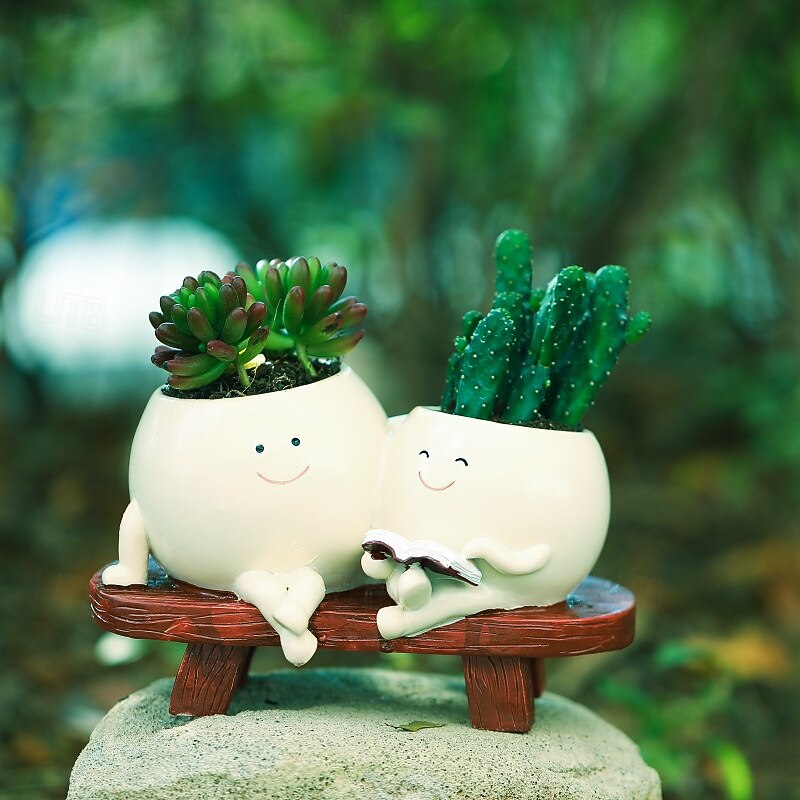 Planter Pots Resin Figurine for Succulent, Mother and Daughter Reading Design, Creative Home Garden Decor, Cute Mini Plant Pot, Indoor Outdoor Succulent Planter Ornament4