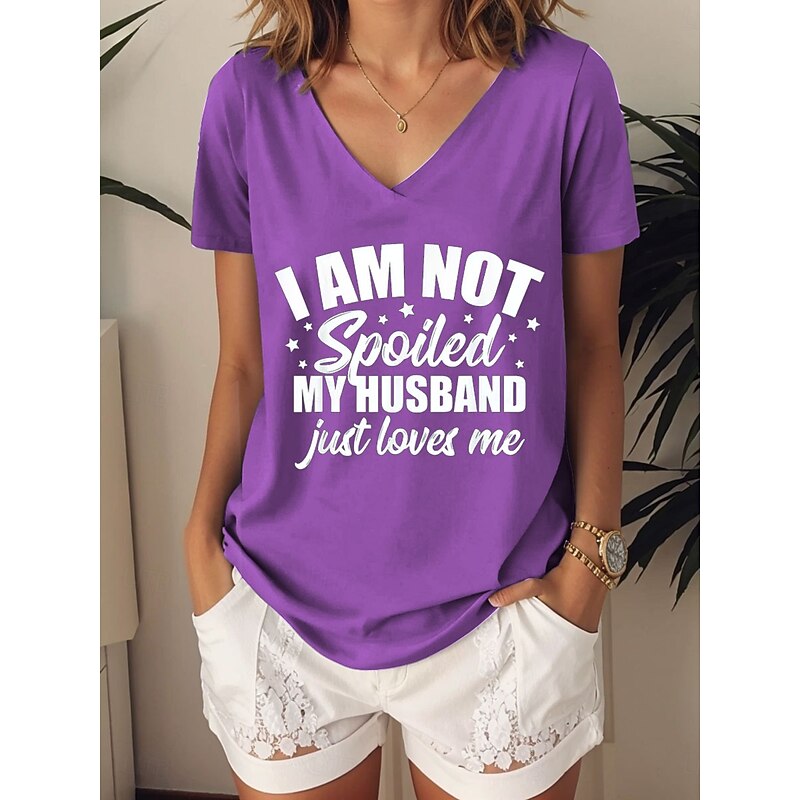 Women's T Shirt Graphic Letter Stylish Casual Short Sleeve V Neck Regular Tops Daily Print Blue Purple Green Summer3