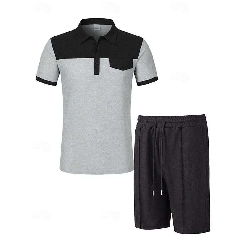 Men's T-shirt Suits 2 Pieces Outfits Tee & Shorts Short Sleeve Lapel Summer Color Block Fashion Casual Patchwork Pocket 2 Piece Vacation Daily Wear Going out Wine Dark Green khaki Top Tee for Men2