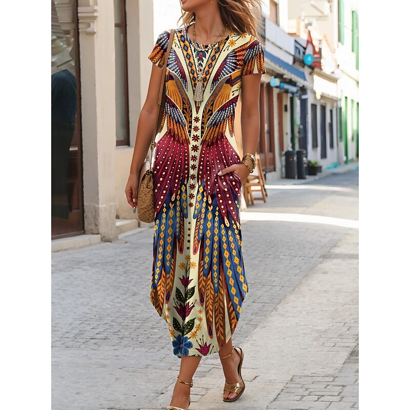 Women's Midi Dress T Shirt Dress Tee Dress Summer Dress Casual Boho Beach Daily Regular Fit Floral Graphic Tribal Short Sleeve Crew Neck Dark Yellow Red Blue Purple Summer