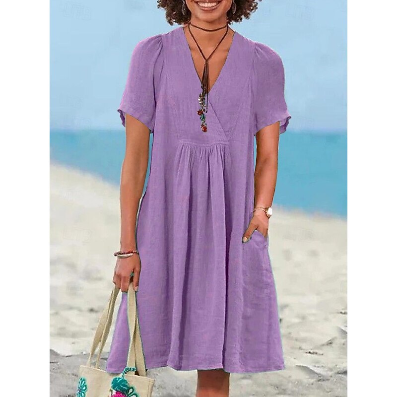 Women's Mini Dress Linen-Inspired Dresses A Line Dress Casual Beach Daily Regular Fit Plain Short Sleeve V Neck Light Green Royal Blue Purple Orange Summer