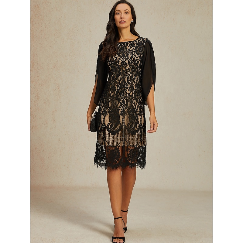 Women's Normal Knee Length Dress Black Dress Elegant Vintage Split Sleeve Party Wedding Guest Cocktail Party Regular Fit 3/4 Length Sleeve Crew Neck Black Summer Spring Fall