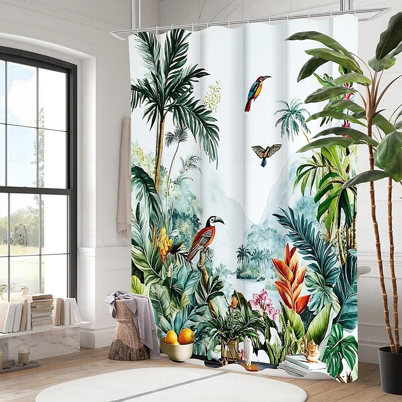 Shower Curtain with 12 Hooks 180cm*180cm(70"*70") Polyester Machine Washable Waterproof Tropical Leaf Plant Pattern2