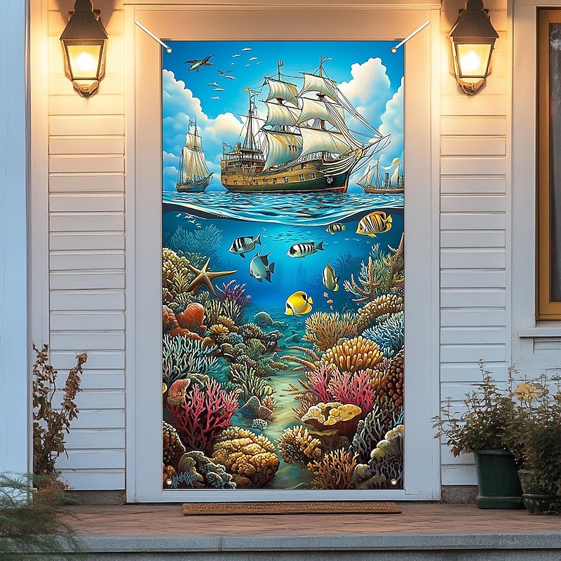 Sea Boat Fishes Door Decorations Door Covers Door Tapestry Door Curtain Decoration Backdrop Indoor/Outdoor Door Banner for Front Door Farmhouse4