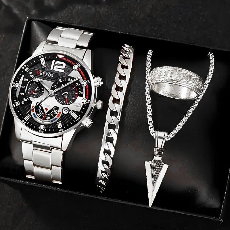 4-Piece Luxury and Fashionable Men's Watch and Arrow Necklace Bracelet and Ring Perfect for Business and Leisure2