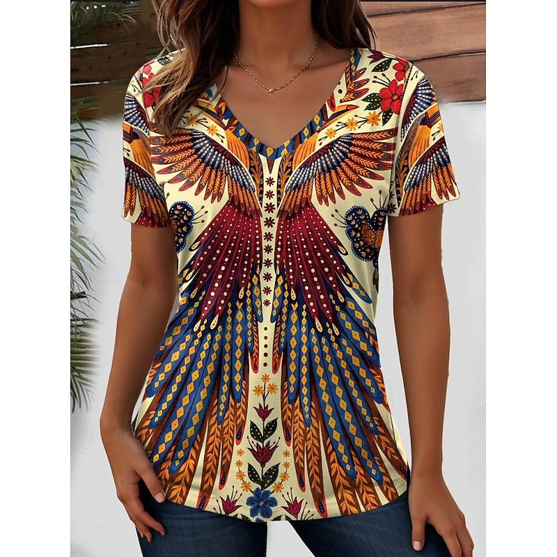 Women's T Shirt Graphic Geometric Paisley Bohemia Vintage Stylish Short Sleeve V Neck Regular Tops Daily Going out Beach Wear Print Black+White+Red Black White Red Purple Summer4