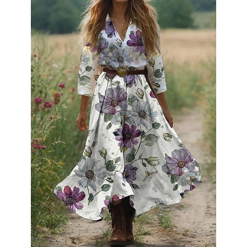 Women's Boho Dress Western Dress Vintage Maxi Dress Sundress Pleated Dress Vacation Casual Boho Going out Beach Standard Fit Graphic Paisley 3/4 Length Sleeve V Neck White Blue Orange Green3