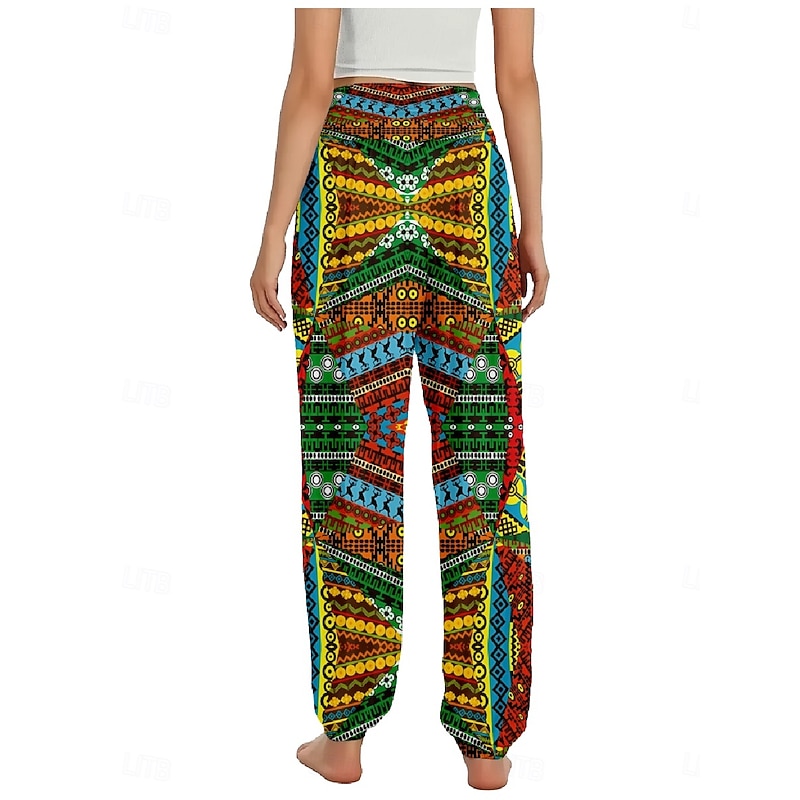 Women's Linen-Inspired Pants Wide Leg Pants Trousers Ethnic Style Casual Boho Full Length High Waist Floral Graphic Pocket Elastic Waist Printing Breathability Soft Micro-elastic Outdoor Yoga Blue2
